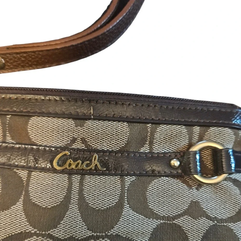 Coach Signature C Monogram Wristlet Pouch‎ Brown Tan Leather Strap